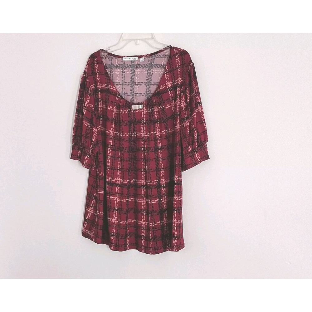 Notations Burgundy Plaid Patterned Blouse Short Sleeve Women's Size 1X Pre-owned